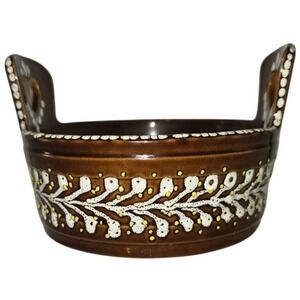 Folk Art  rown Glazed Stoneware Bowl with White Hearts and embellishments Euc